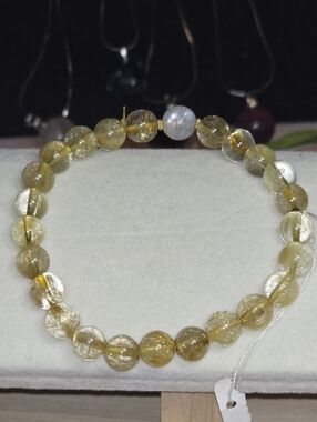 Gold Rutilated Quartz Crystal Bead Bracelet